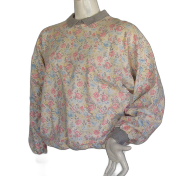 Vintage Granny Sweatshirt, L, multicolor Floral, Gray collar/cuffs, NAF NAF - Picture 3 of 13